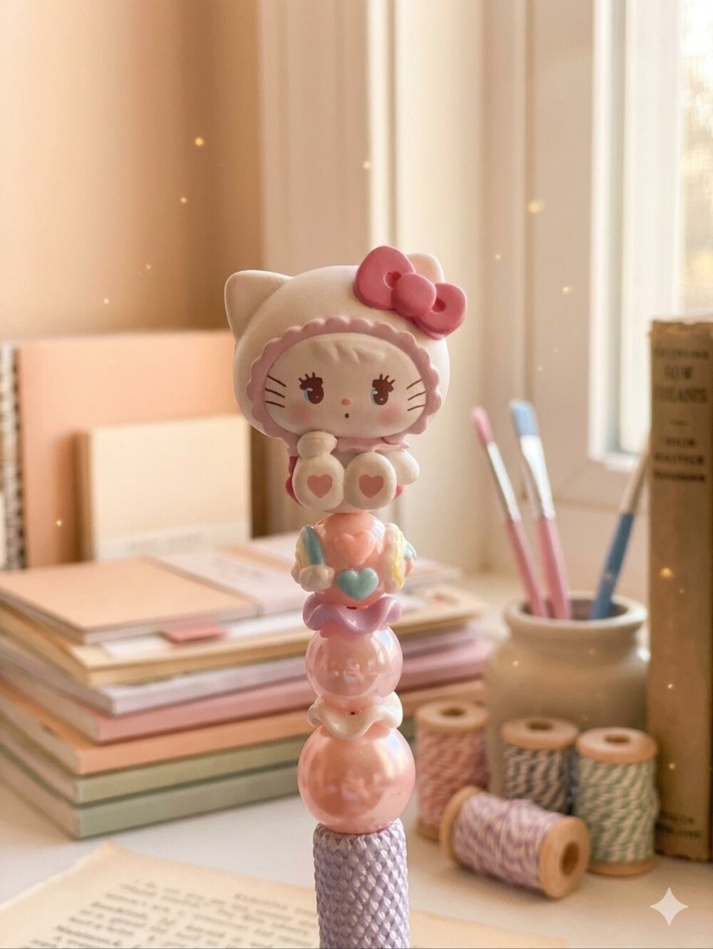 This image features a custom handmade Hello Kitty beaded ballpoint pen